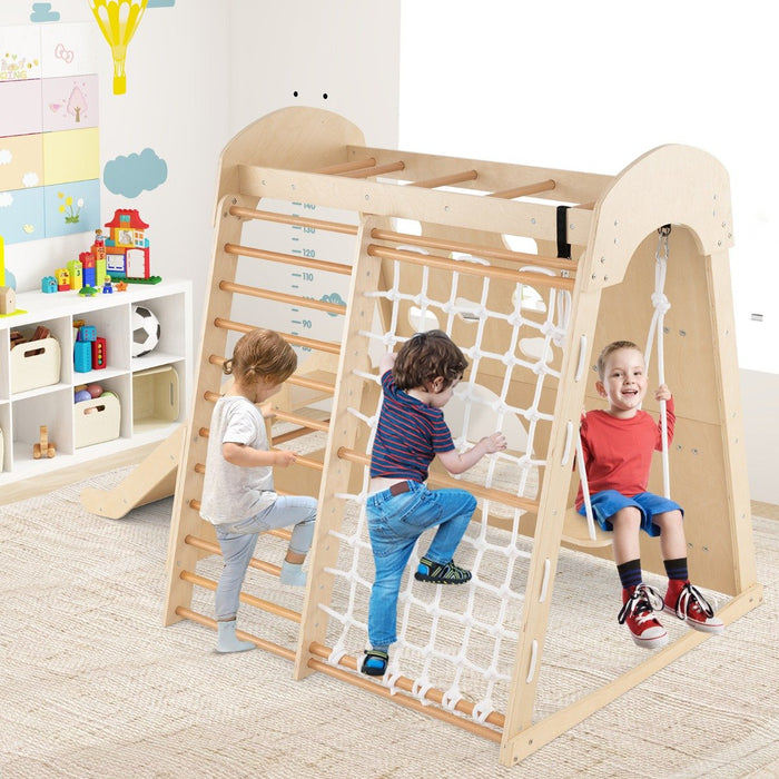 8-in-1 Indoor Jungle Gym Wooden Playground with Climbing Wall-