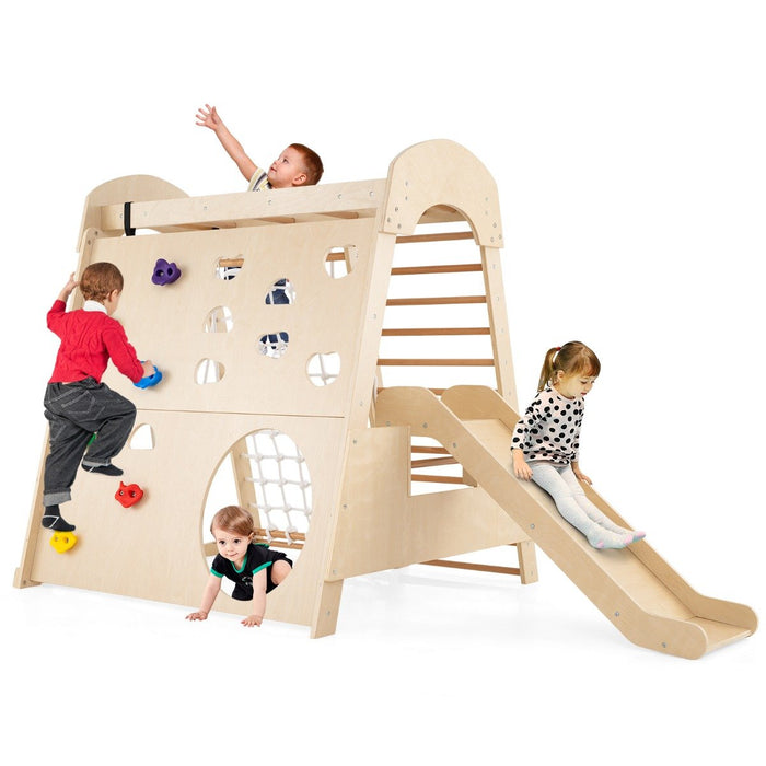8-in-1 Indoor Jungle Gym Wooden Playground with Climbing Wall-