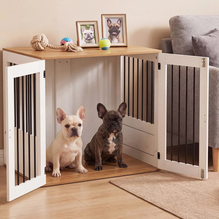 80 cm Indoor Wooden Dog Kennel with Double Lock Doors and 360° Rotating Feeder-White