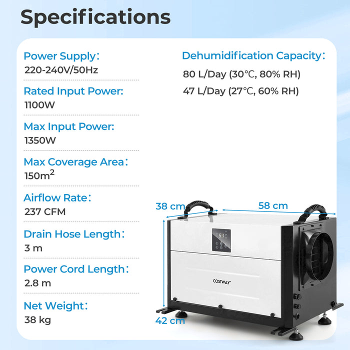 80L/Day Crawl Space Dehumidifier Commercial Dehumidifier with 3 Modes-