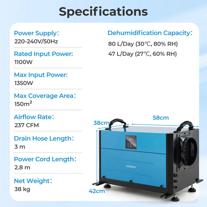 80L/Day Crawl Space Dehumidifier Commercial Dehumidifier with 3 Modes-