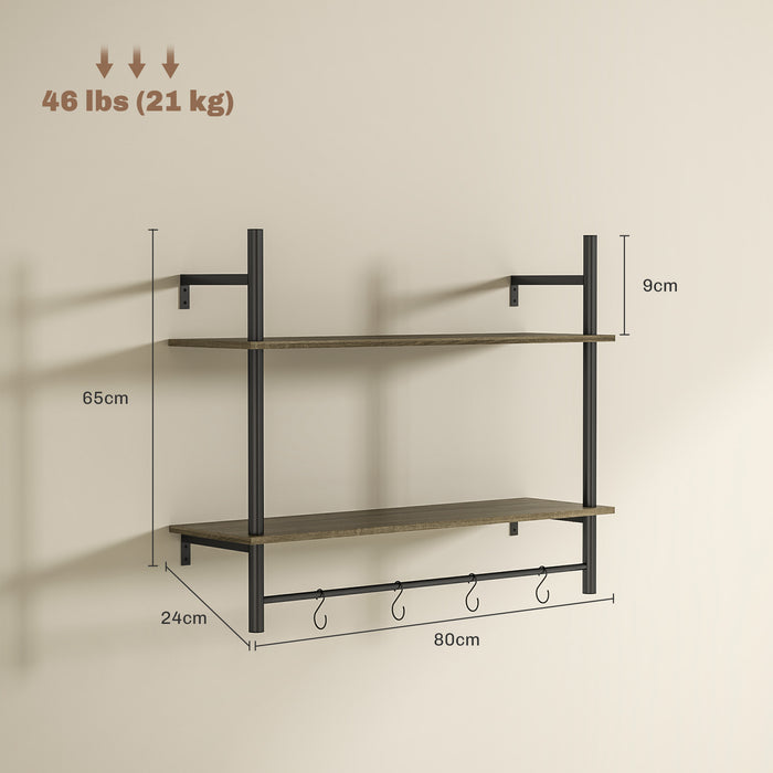 HOMCOM Wall Mounted Floating Shelves with 4 Hooks, Rustic Wall Shelf Unit for Living Room, Entryway, Grey