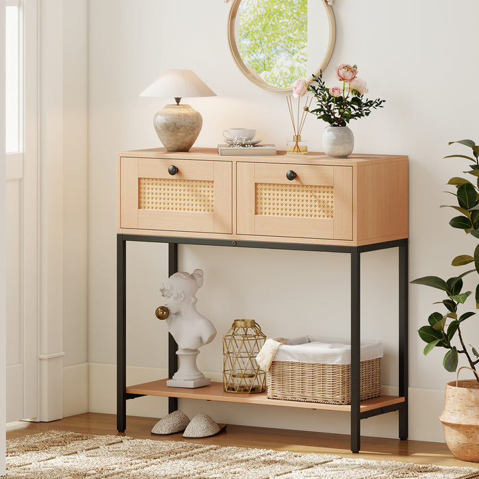 80 CM Boho Console Table with 2 Drawers and Bottom Shelf-