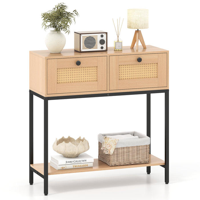 80 CM Boho Console Table with 2 Drawers and Bottom Shelf-