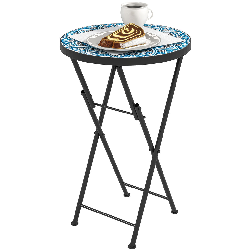 Outsunny Mosaic Outdoor Garden Table, 35.5cm Round Folding Coffee Table with Metal Frame for Balcony Terrace, Blue