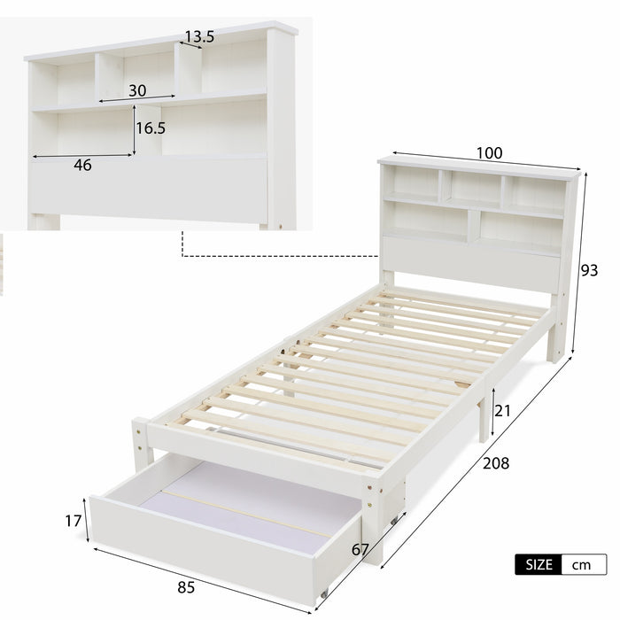 Pinewood and MDF White Storage Bed - Built-in Shelves, Underbed Drawer, 208x100x93 cm - Space-Saving Solution for Bedroom Organization