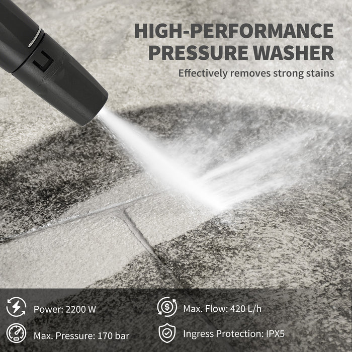 Outsunny 2200W High Pressure Washer, 170 Bar Pressure, 420 L/h Flow, Portable Electric Power Washer Jet Wash Cleaner with Adjustable Nozzle 6M Hose and Hose Reel for Home Patio Car Driveway