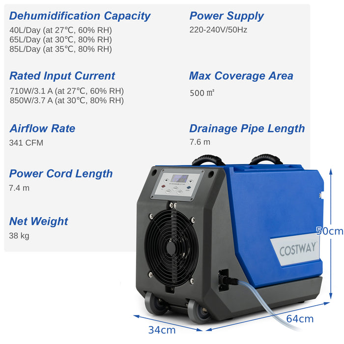Commercial 85L/Day Dehumidifier - With Built-in Pump and 24 Hour Timer Feature - Ideal for Large Scale and Business Operations