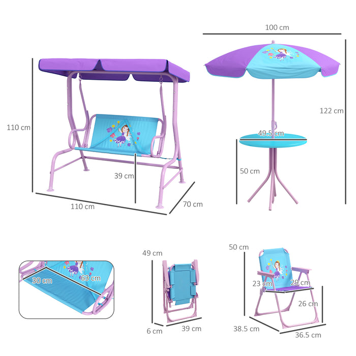Kids Outdoor 4-Piece Fun Set - Swing with Adjustable Canopy & Table-Chair Combo with Parasol - Ideal for Girls Aged 3-6 Years