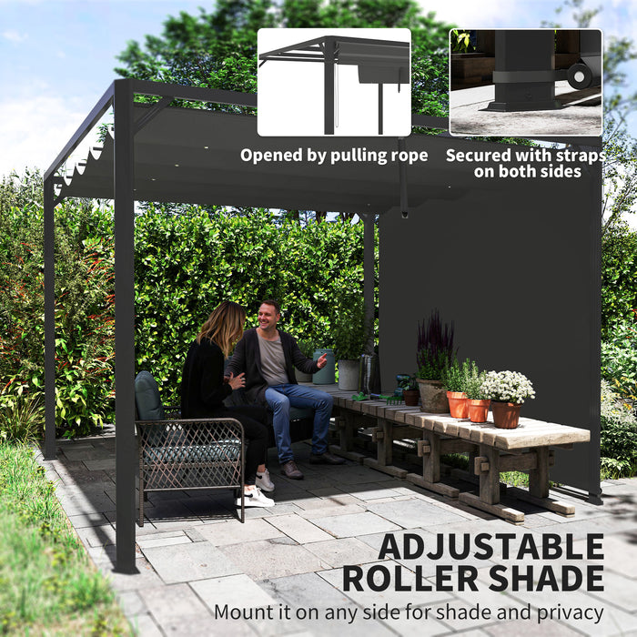 Outsunny 3 x 3(m) Garden Pergola with Retractable Roof Canopy and Roller Shade, Aluminium Pergola Kit Gazebo, UPF30+ Sun Shade Shelter for Deck, Porch, Dark Grey