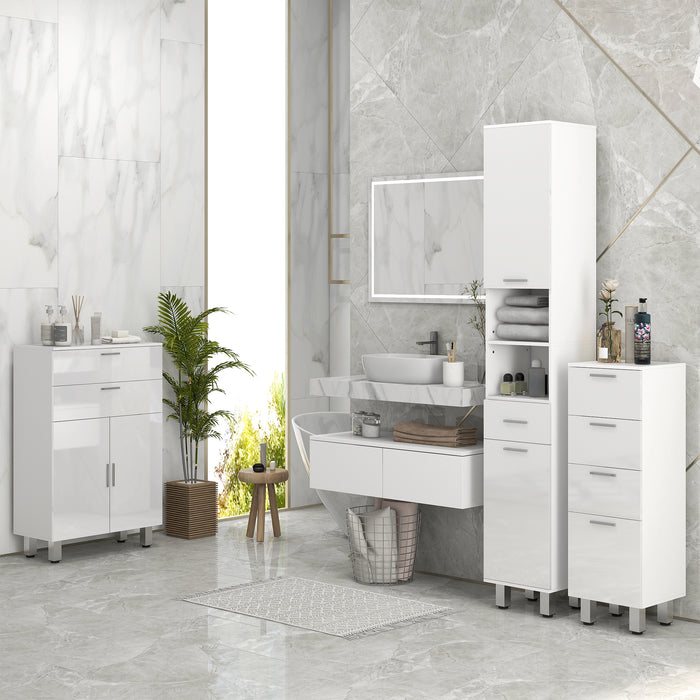 kleankin 71" Tall Slim Bathroom Storage Cabinet, Tall Narrow Cupboard with Drawer, Open Shelves, 2 Doors Cabinets and Adjustable Shelves for Kitchen, Hallway, Living Room, High Gloss White