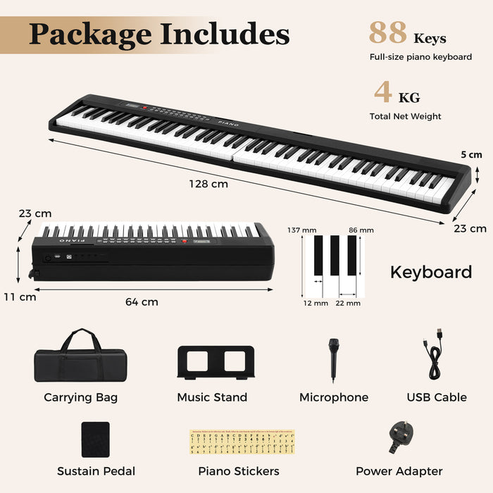 88 Key Foldable Piano Keyboard with MIDI Wireless Connection and Microphone-