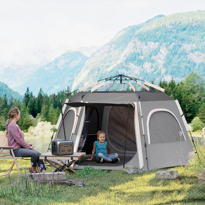 Outsunny Instant Camping Tent, 2/3/4 Person Easy Setup Family Tent with Vestibule, Rainfly, 4 Mesh Windows & 2 Doors, Hexagonal Design, Waterproof UV Protected Dome Tent, Dark Grey