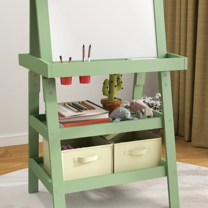 AIYAPLAY 3 in 1 Kids Easel Double-Sided Magnetic Whiteboard and Chalkboard with Paper Roll, Storage Baskets - Green | Aosom UK
