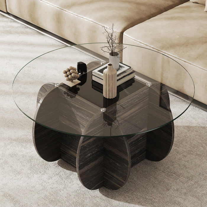 89cm Round Coffee Table Modern Accent Table with Tempered Glass Top-