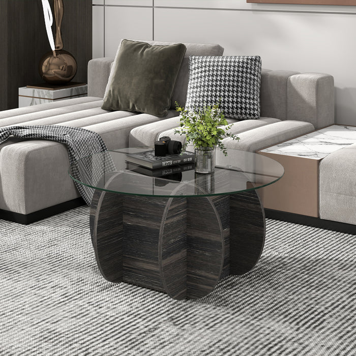 89cm Round Coffee Table Modern Accent Table with Tempered Glass Top-