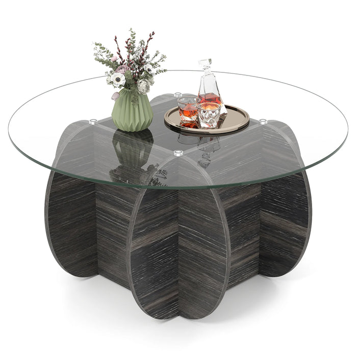 89cm Round Coffee Table Modern Accent Table with Tempered Glass Top-