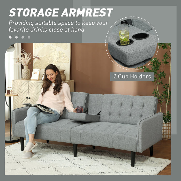 HOMCOM Upholstered Click Clack Sofa Bed, Linen-Feel 3 Seater Sofa Bed with Storage and Cupholders, Light Grey