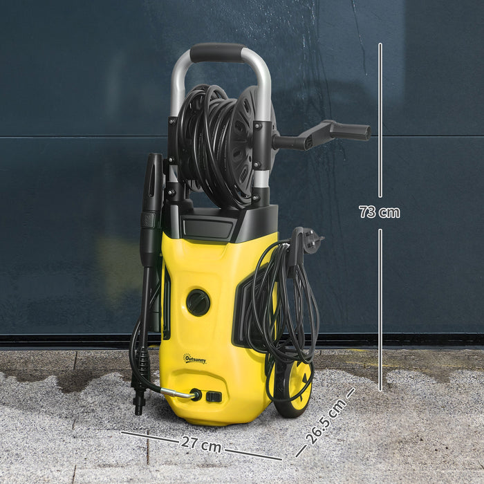 Outsunny 1800W High Pressure Washer, 150 Bar Pressure, 420 L/h Flow, Portable Power Washer Jet Wash Cleaner with Adjustable Nozzle, 6M Hose, Hose Reel, Steel Handle for Home Patio Car Driveway, Yellow