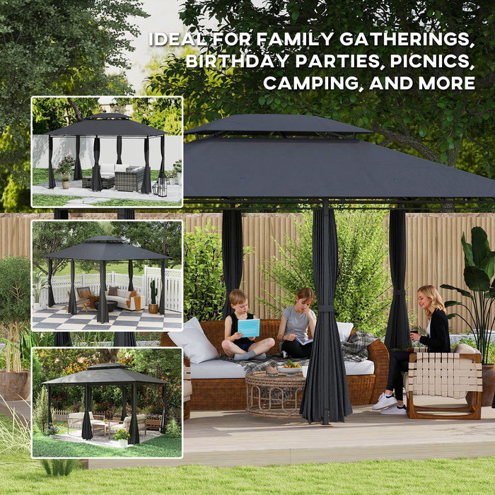 Outsunny 4m x 3(m)Garden Gazebo, Double Roof Outdoor Gazebo Canopy Shelter with Curtains, Solid Steel Frame for Patio, Garden, Black