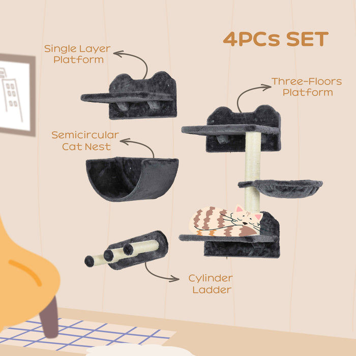 Wall-Mounted Cat Shelving Set with Accessories - Includes Scratching Post, Hammock, and Cozy Nest in Dark Grey - Perfect for Playful Felines & Space-Saving Pet Furniture