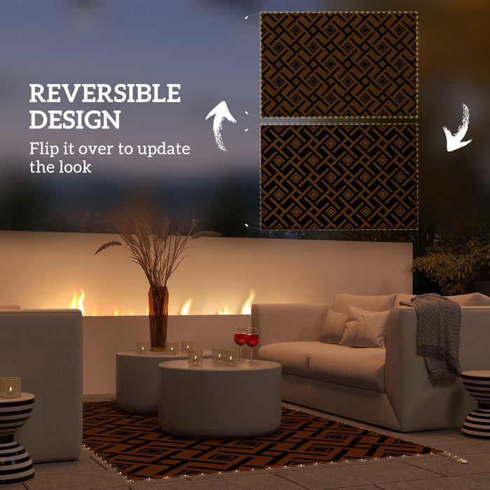 Reversible RV Outdoor Rug with LED Lights - Durable Plastic Straw Mat in Brown and Black, 182 x 274cm - Perfect for Camping and Patio Decoration