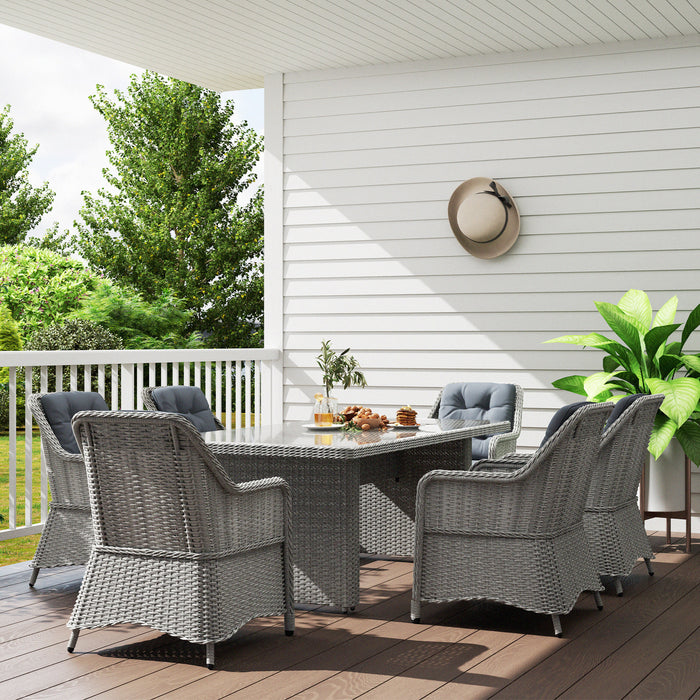 Outsunny 6 Seater Rattan Dining Set, Round PE Rattan Garden Furniture Set with Seat and Back Cushions, Aluminium Outdoor Dining Table and Chairs with 6 Armchairs, Rectangular Glass Top Table, Grey