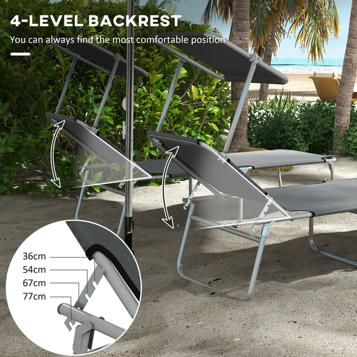 Foldable Sun Lounger Duo Pack - Adjustable 4-Level Backrest with Sun Shade Canopy, Grey - Ideal for Beach, Garden, Patio Relaxation