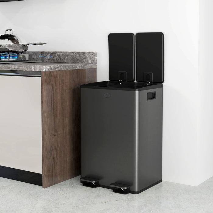 HOMCOM 56L Dual Compartment Stainless Steel Bin, with Deodoriser Holders - Black