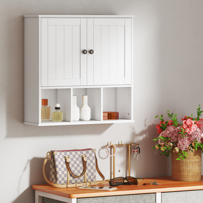 HOMCOM Farmhouse Bathroom Wall Cabinet, Wall Mounted Medicine Cabinet with Adjustable Shelf, Open Compartments, White