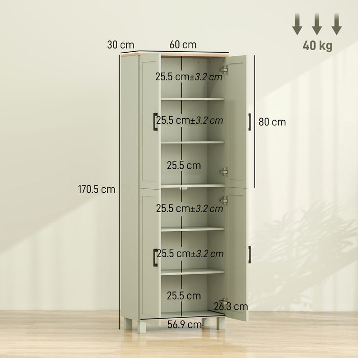 HOMCOM Freestanding Kitchen Cupboard, 4-Door Storage Cabinet with Adjustable Shelves, Modern Kitchen Pantry, 170cm, Green