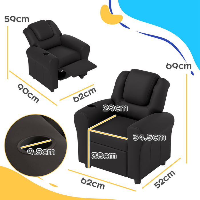 HOMCOM Kids Armchair, Kids Recliner Chair, PU Leather Kids Chair with Adjustable Backrest & Footrest, Padded Headrest, Black | Aosom UK