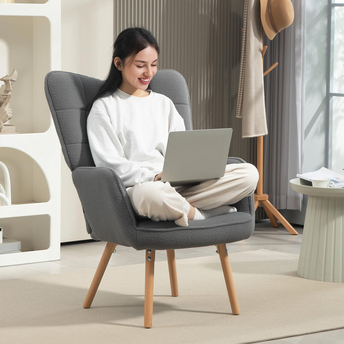 HOMCOM Modern Accent Chair, Upholstered Tufted Wingback Armchair with Seat Padding, Leisure Lounge Bedroom Chair with Wood Legs, Dark Grey