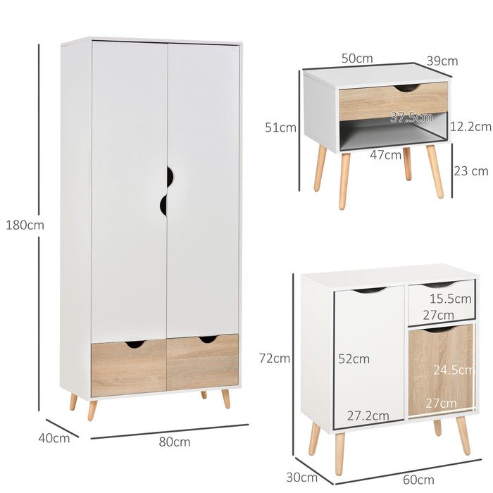 HOMCOM Bedroom Furniture Set, Wardrobe with Hanging Rail, Bedside Table, Floor Cabinet with Storage, Nature Wood Finish and White | Aosom UK