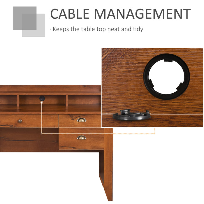 Vintage-Style Workstation Desk - Spacious Table Top with Storage Drawers, Shelves, and Metal Handles - Ideal Computer Desk for Home Office and Study Use