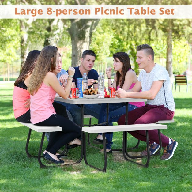Square Table for 8 with Umbrella Hole - Picnic Set with 4 Benches, Ideal for Large Outdoor Gatherings - Family and Friends Entertainment Essential in Black Finish