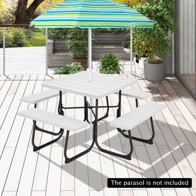 Square Table for 8 with Umbrella Hole - Picnic Set with 4 Benches, Ideal for Large Outdoor Gatherings - Family and Friends Entertainment Essential in Black Finish