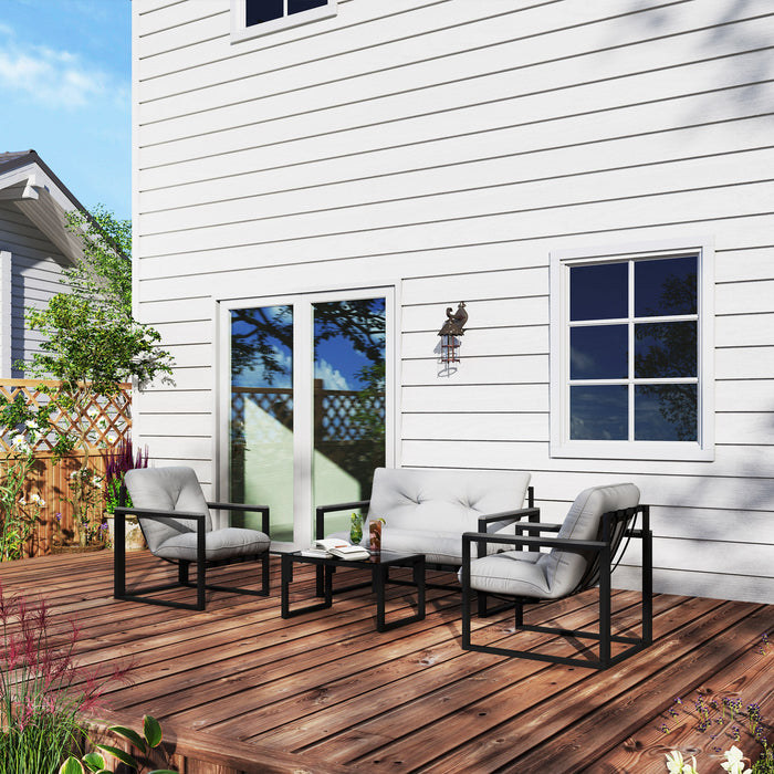 Outsunny Garden Furniture Set, 4 Piece Indoor Outdoor Conservatory with Loveseat Sofa, Armchairs, Glass Top Coffee Table, Cushions for Balcony, Poolside, Patio, Dark Grey