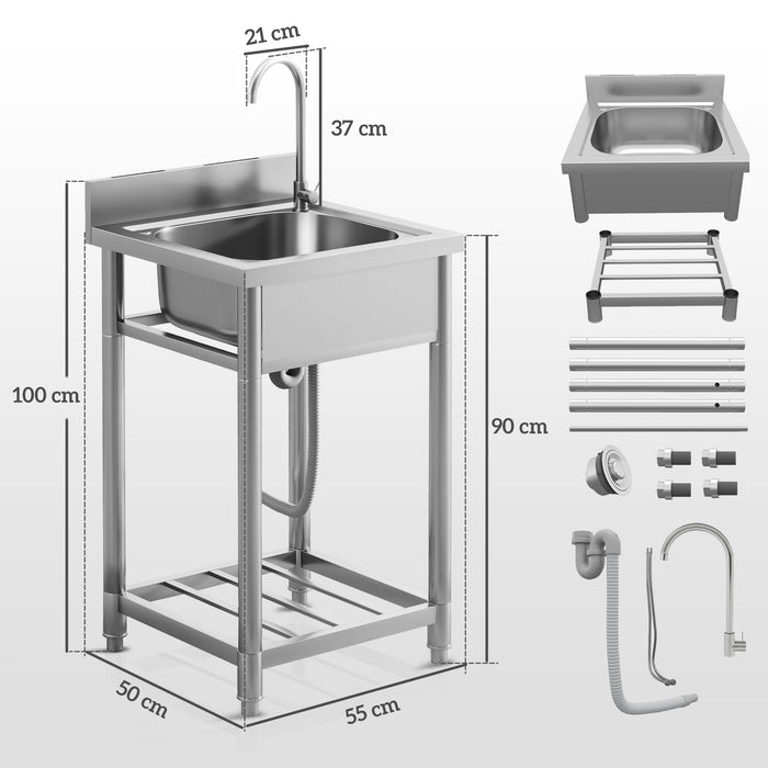HOMCOM Outdoor Utility Sink, Free Standing Single Bowl Kitchen Sink with Cold and Hot Water Pipe and Storage Shelf for Laundry Garage, Silver Tone