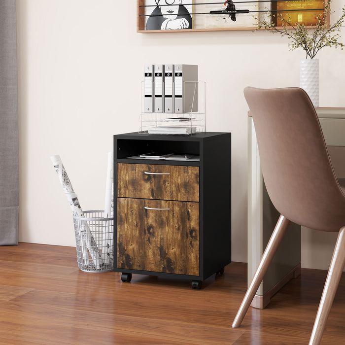 HOMCOM 60cm Storage Cabinet with Drawer, Open Shelf, Metal Handles and 4 Wheels, Office Home Organiser Mobile Printer, Rustic Brown