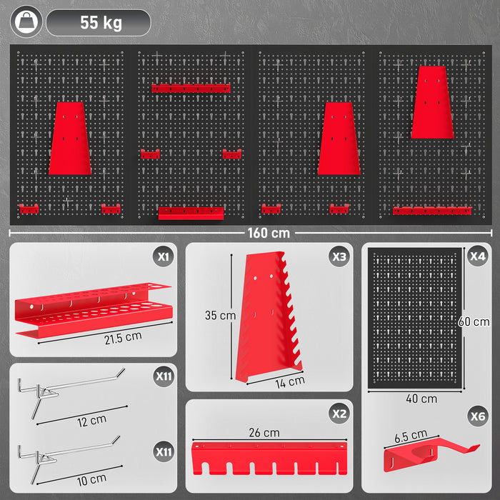 HOMCOM 38 Pcs Wall-Mounted Pegboard with 4 Boards, Garage Tool Storage Unit Black and Red