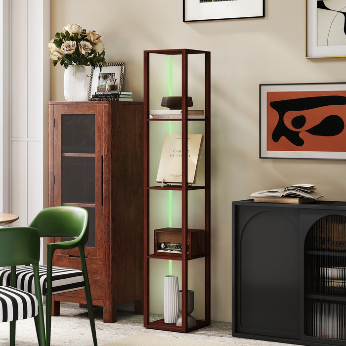 HOMCOM RGB LED Floor Lamp with Shelves, Modern Dimmable Standing Lamp with Remote Control, Adjustable Brightness & Speed for Living Room, Bedroom, Office, Brown