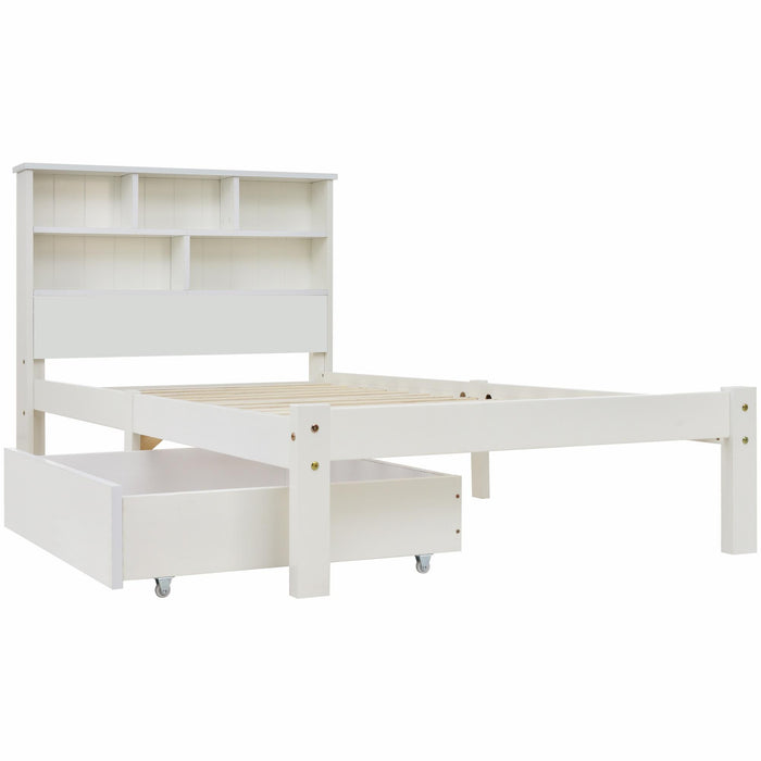 Pinewood and MDF White Storage Bed - Built-in Shelves, Underbed Drawer, 208x100x93 cm - Space-Saving Solution for Bedroom Organization