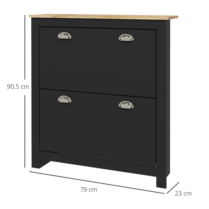 HOMCOM 2 Drawer Shoe Cabinet Modern Narrow Shoe Cupboard Hallway Wooden Storage Organiser with Flip Doors Adjustable Shelf for 12 Pairs, Black