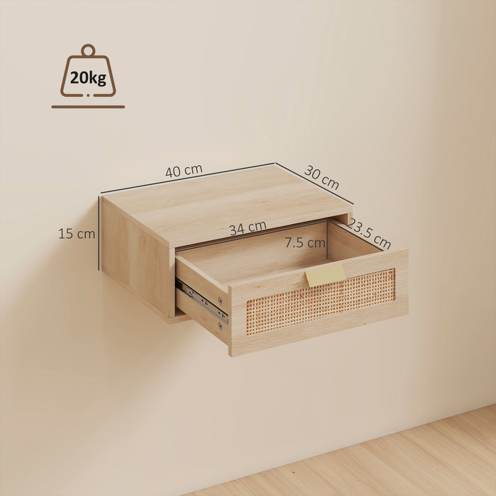 HOMCOM Floating Bedside Tables Set of 2, Wall Mounted Bedside Cabinets with Rattan Drawer and Wood Effect, Oak