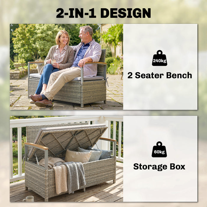 Outsunny 170 L Garden Storage Bench with Zipped Liner, 2 Seater Rattan Garden Bench with Storage, Gas Strut, Cushion, Light Grey