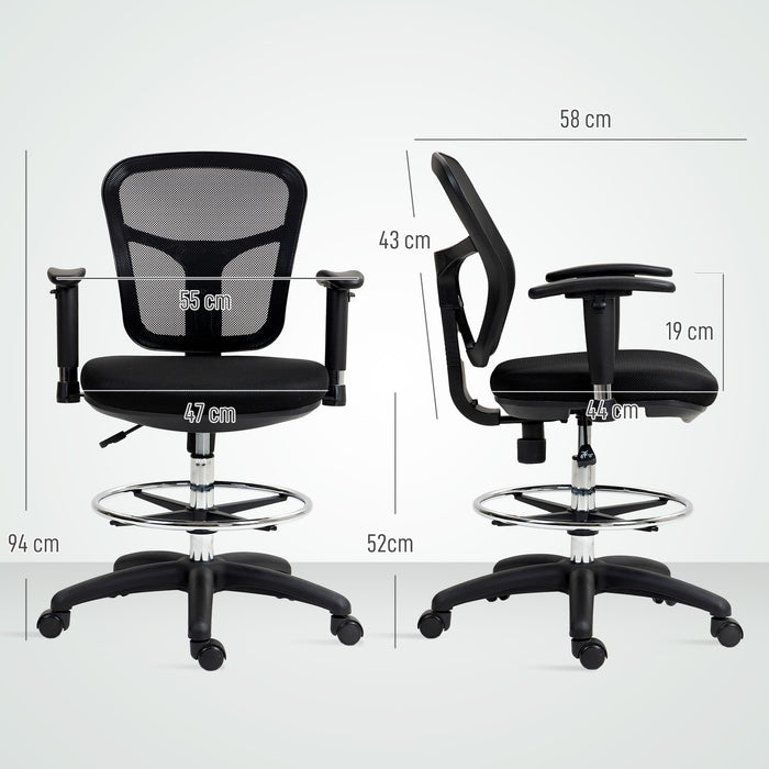 HOMCOM Drafting Chair with Adjustable Armrests, Ergonomic Mesh Office Chair with Lumbar Support, Adjustable Height and Footrest for Standing Desk, Black