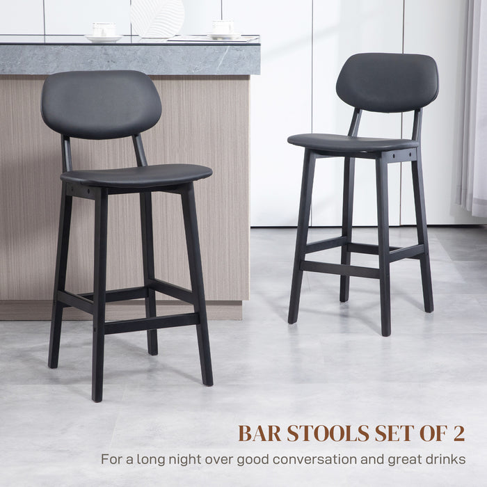 Modern Breakfast Bar Stools Set of 2 - Faux Leather Upholstered Chairs with Wood Legs and Backs, Black - Ideal for Kitchen and Dining Comfort