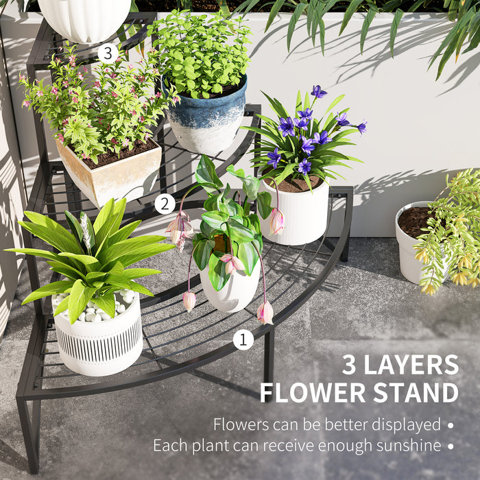 Outsunny 3 Tier Corner Plant Stand, Quarter Round Metal Plant Rack for Indoor Outdoor, Flower Pot Holder for Garden Balcony Patio, Black