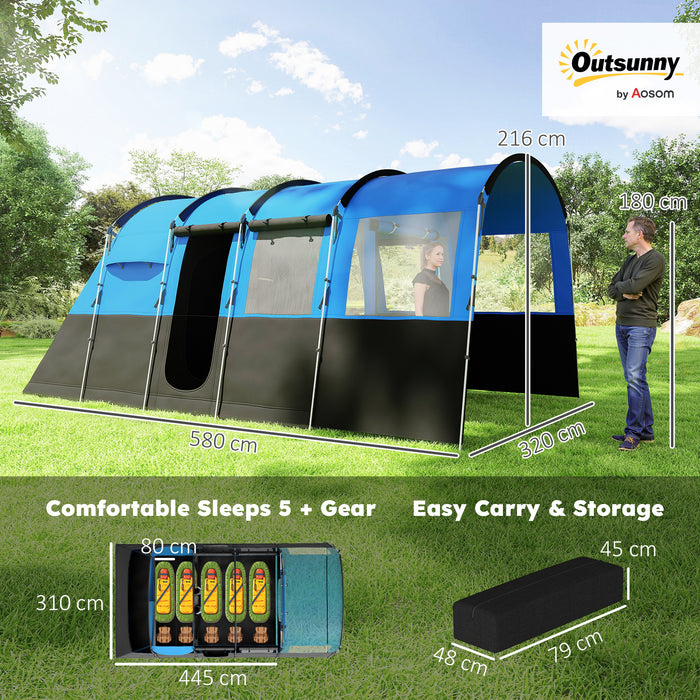 Outsunny 8-Person Camping Tent, Waterproof Family Tent, Tunnel Design, 4 Large Windows, Sleeping Cabins 3000mm Water Column Blue